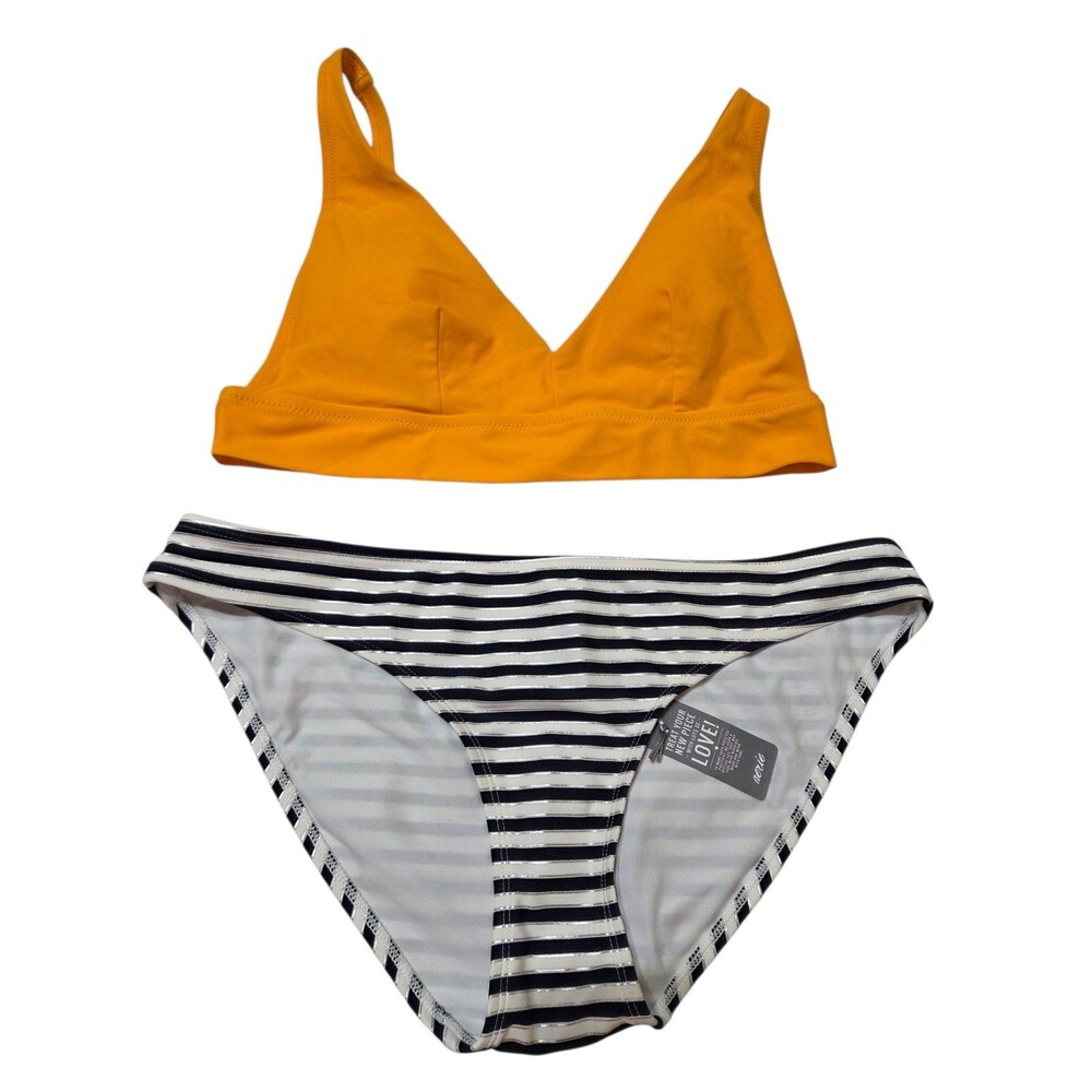 NWT AERIE Two Piece Swimsuit Bikini Size L Orange Navy Silver Foil Stripe B30.5